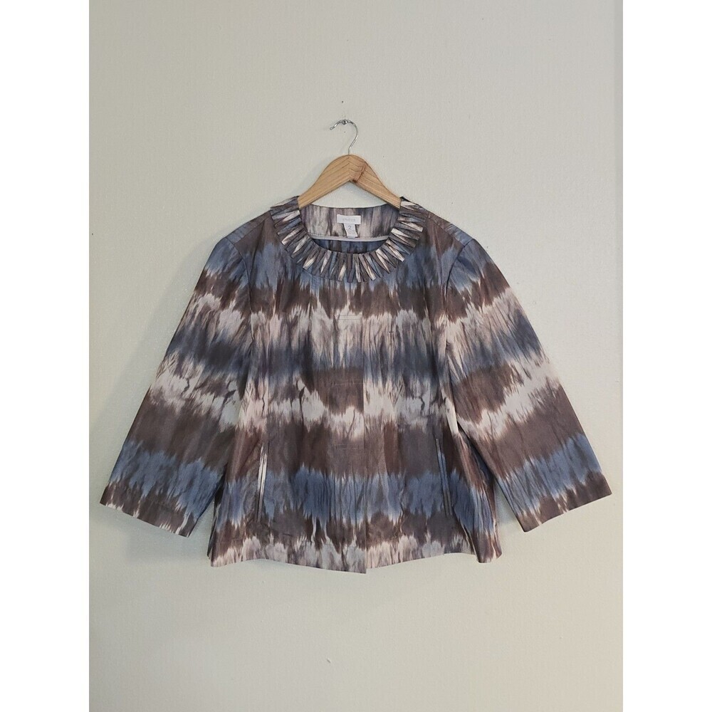 Chico’s Tie Dye Jacket Womens Size 2 L Blue Brown Cropped Snap Front Lightweight - Picture 2 of 11